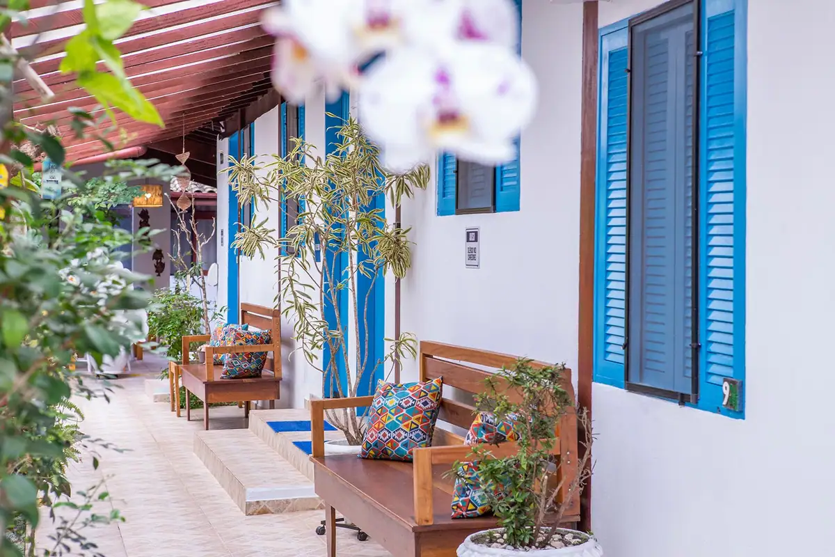Room balcony with blue windows and orchids