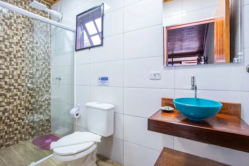 Standard Suite bathroom with a glass shower and a blue basin sink